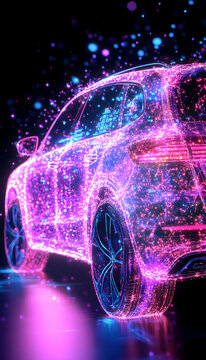 Futuristic SUV, neon lights, dark background