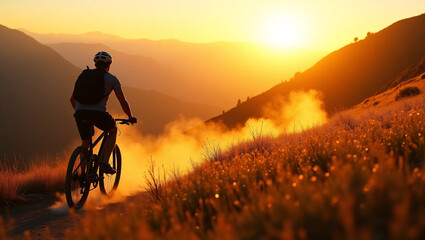 Obraz premium Mountain Biker Riding at Sunset on Dusty Trail in Scenic Wilderness