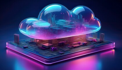 Obraz premium Futuristic digital cloud concept with neon-glowing transparent design