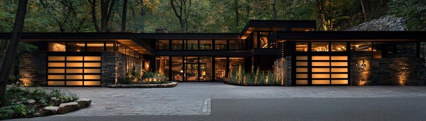 Fototapeta premium Modern Home Exterior with Lights at Dusk. Property showcases modern home facade