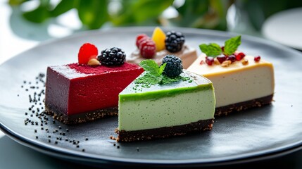 A plated trio of different-flavored cheesecakes, with spirulina as the main vibrant green centerpiece