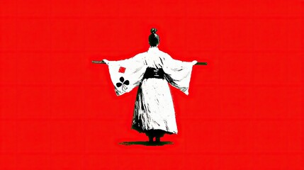 Geisha in kimono stands against a red background, arms outstretched as in an artistic performance