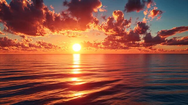 Serene sunset over calm ocean waters with vibrant clouds reflecting