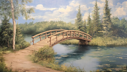 Fototapeta premium Serene Wooden Bridge Over Calm River, Lush Green Landscape