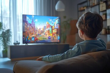 Child watching an animated cartoon on a big screen TV in a cozy living room