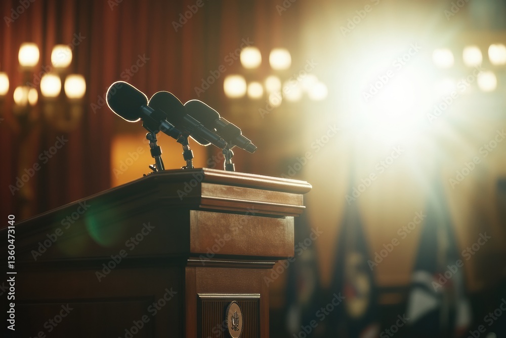 Poster Modern political podium with microphones ready for an influential speech in a powerful setting during a major event Generative AI