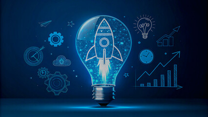 A brilliant idea taking flight, igniting growth and innovation within a glowing lightbulb, showcasing a dynamic startup concept.