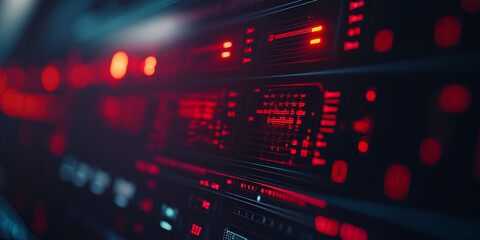 Obraz premium Close-up of illuminated server racks with red LED lights, cybersecurity and data storage concept 