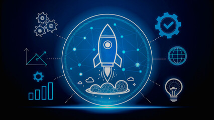 A powerful rocket launching into a bright digital future, symbolizing innovation, growth, and global success with a glowing blue and white design.