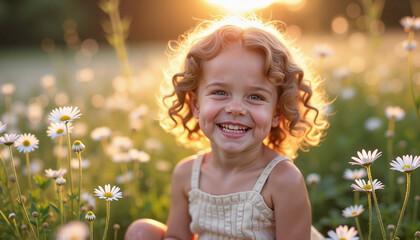 Joyful girl among daisies with a big smile in a sunny field