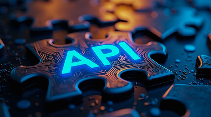 The glowing API puzzle piece, a key element in the digital world's intricate system, connects and integrates various technologies with cool blue light and dark metallic puzzle pieces.