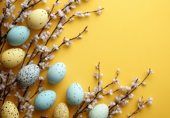 Obraz premium Colorful Easter Eggs Nestled Among Blossoming Branches on Vibrant Yellow Background for Spring Celebration and Seasonal Decor Inspiration