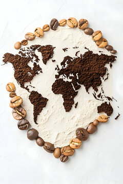 Global Coffee World map in grounds & beans