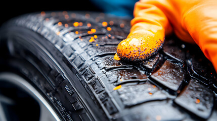 Gloved hand applying tire sealant outdoors