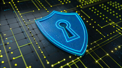A glowing blue shield with a keyhole, representing robust digital security and data protection on a circuit board background.