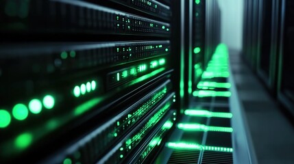 Fototapeta premium A row of server racks with blinking green indicator lights, inside a data center, high - tech, cool - toned, realistic 3D render