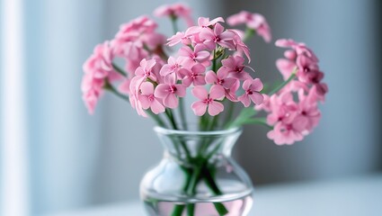 Fototapeta premium A vibrant vase of pink flowers displayed on a table surface