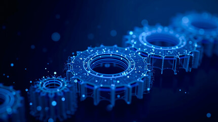 Interlocking gears of progress, a mesmerizing digital dance in vibrant sapphire hues and sparkling detail.