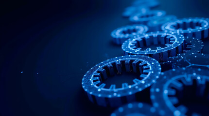 A mesmerizing dance of interconnected gears, symbolizing the intricate workings of a complex system, rendered in deep blue hues with sparkling nodes.