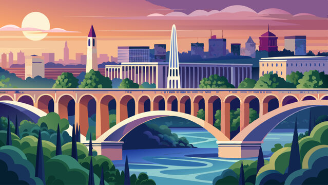 Key Bridge over Potomac River with urban skyscrapers on early morning in Washington DC, USA. A view on the bridge and city development from Georgetown