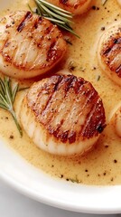 Seared Scallops for Creamy Sauce, Gourmet Dish. (1)