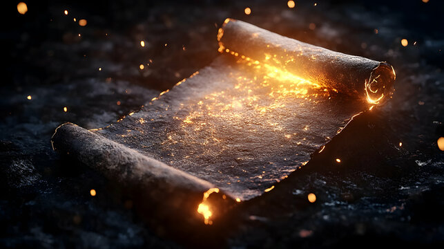 Glowing Embers Ignite Ancient Scroll on Dark Surface