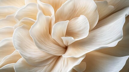 Close - up of a cluster of white mushrooms showing their pleated shapes, high - detail, macro, natural, soft lighting