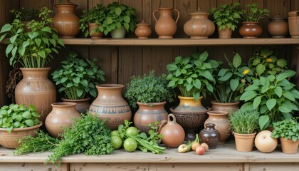 Lush Greenery with Rustic Pots and Fresh Herbs on Wooden Shelves