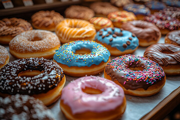 Assorted colorful glazed donuts with sprinkles and icing arranged on display tray in a bakery setting