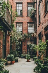 A delightful urban courtyard adorned with rustic brick walls and vibrant greenery, nestled in a peaceful neighborhood on a sunny afternoon