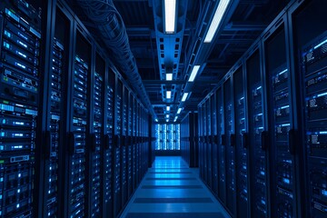 Fototapeta premium View of a high-tech data center with multiple server racks in operation, showcasing modern cloud computing, artificial intelligence, database systems, and supercomputer capabilities
