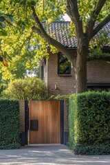 Wooden gate in a lush green hedge leading to a modern brick house surrounded by trees in a residential area during a sunny day