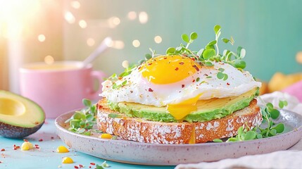 Perfectly assembled avocado toast with poached egg and fresh microgreens on sourdough