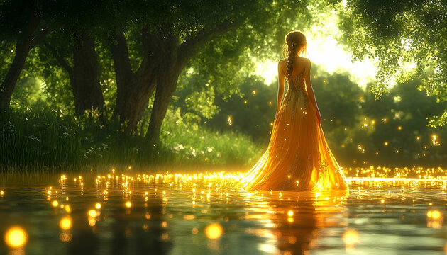 Woman in flowing gold dress walks through a sunlit forest stream, surrounded by magical glowing lights