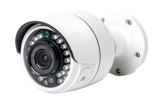 White Bullet CCTV Camera for Security Surveillance on a Plain Background.