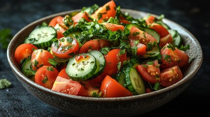 **A salad bowl filled with a colorful mix of juicy tomatoes, sliced cucumbers, and fresh coriander leaves, set against a dark rustic background for contrast.