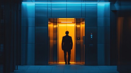 A lone figure enters the vividly lit elevator, symbolizing career prospects