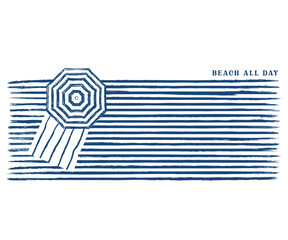 Summer beach vacation vector design, Beach umbrella on coast top view line illustration, Beach holiday artwork for t shirt, poster, wall decoration, embroidery 