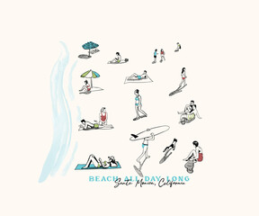 Beach people activity vector art, summer beach vacation artwork for t  shirt, poster, tote bag, Surfing beach top view illustration
