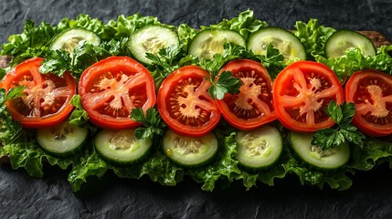 **A top-down view of a vibrant summer salad, with bright red tomato wedges, thin cucumber slices, green leaf lettuce, and fresh coriander, arranged on a rustic table.