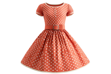 A Charming Coral Polka Dot Dress, Perfect For A Summer Picnic Or A Whimsical Tea Party, Boasts A Fitted Bodice, A Full Skirt, And A Cute Belt, Showcasing Retro Elegance Isolated on Transparent Backgro