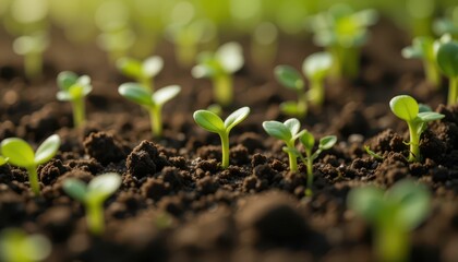 Fresh Green Seedlings Growing in Rich Dark Soil Under Soft Light