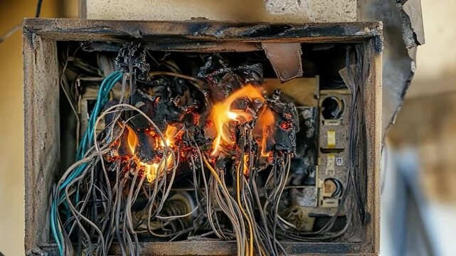 Electrical panel burning with cables on fire