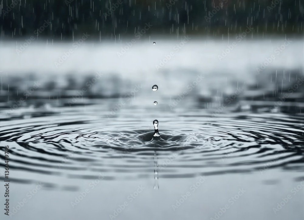 Poster Raindrops falling on water surface creating ripples and splashes