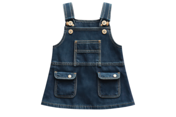 A Charming Denim Pinafore Dress For A Little Girl, Perfect For Playtime Adventures, Featuring Practical Pockets And Adjustable Straps Against A Bright Isolated on Transparent Background