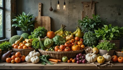 Fresh Organic Vegetables and Fruits Displayed on a Wooden Table
