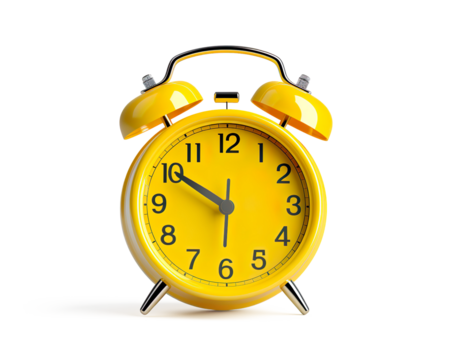 a yellow alarm clock with bells on a transparent background