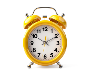 a yellow alarm clock with bells on a transparent background