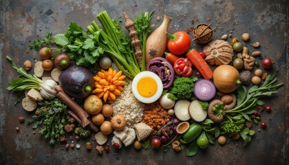 Fresh Organic Vegetables and Colorful Produce on Rustic Background