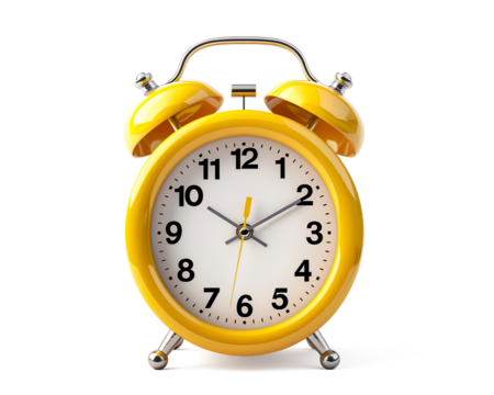 a yellow alarm clock with bells on a transparent background